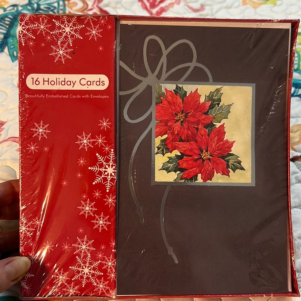 Christmas Cards Boxed Set 16 Holiday Poinsettias Fantus Paper Vintage